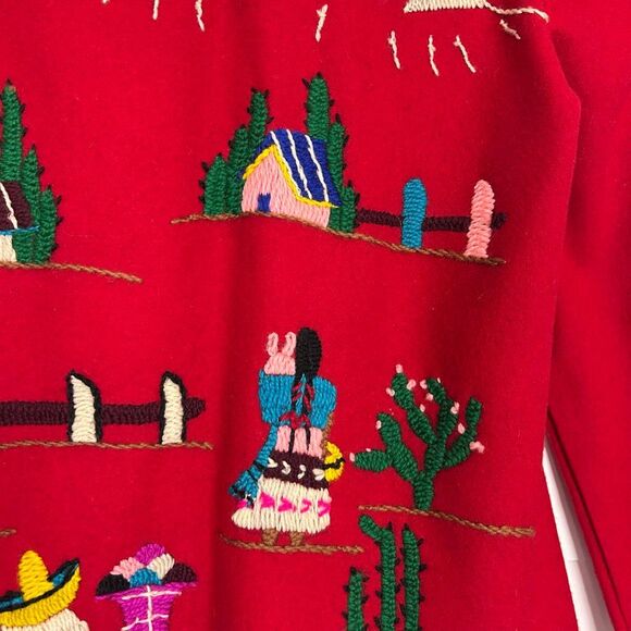 Vintage Handmade Tourist Jacket Womens Medium Red Embroidered Mexican Folk Art - Picture 13 of 13